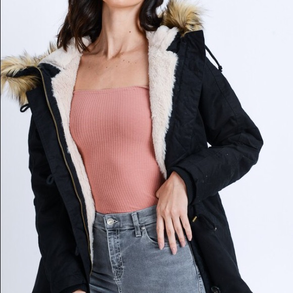 Black Fur Rimmed Hooded Sherpa Lined Parka Coat - Picture 2 of 3